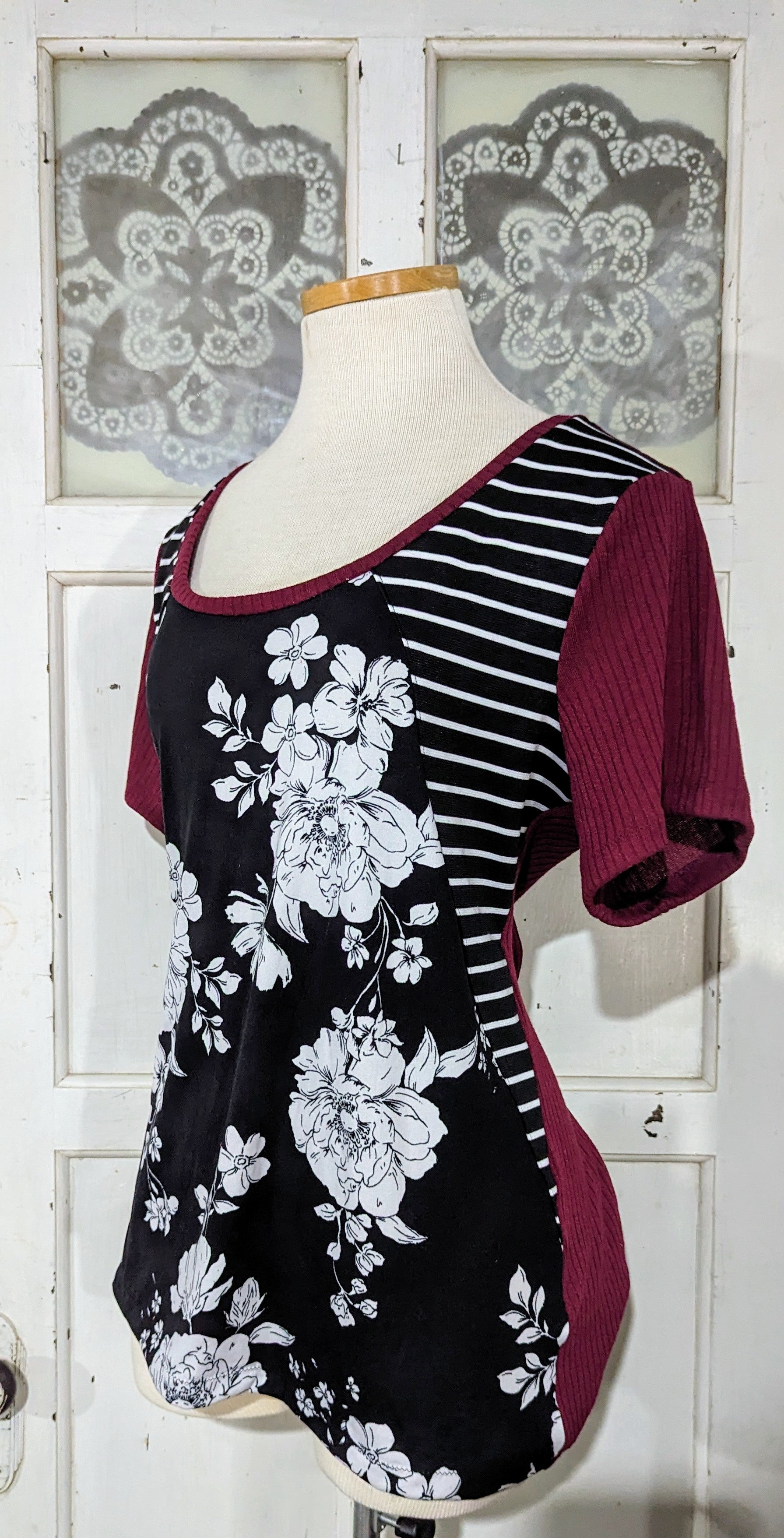 Black Floral with Deep Red - XL